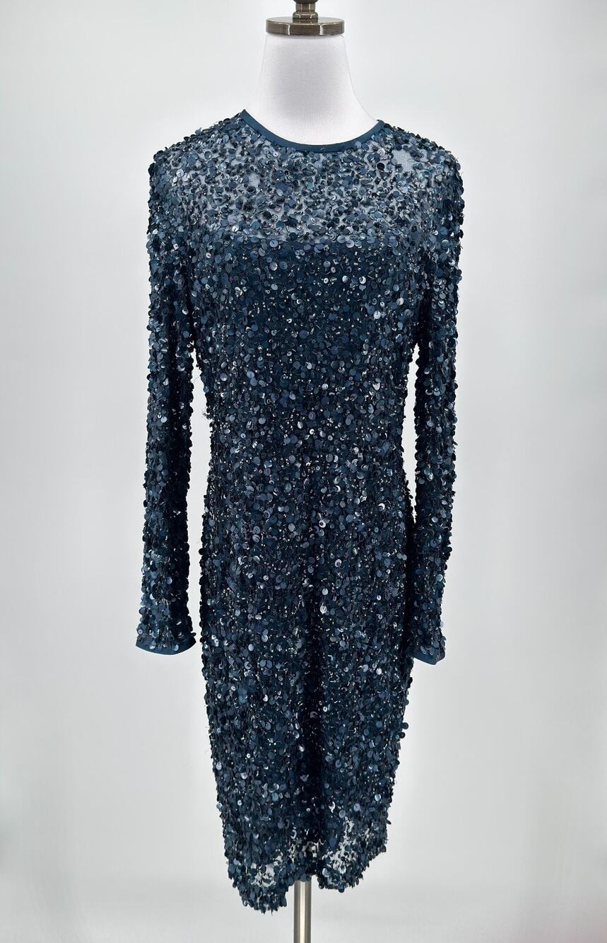 St. John Couture Navy Blue Sequin Long Sleeve Cocktail Sheath Dress Sz 6
